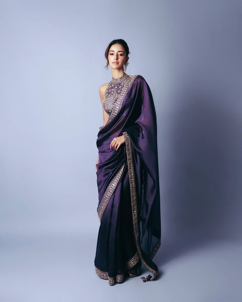 Midnight Violet Kasturi Silk Saree with Dori & Sequins Embroidered Border & Heavy Blouse Piece Code!! F.B.S.