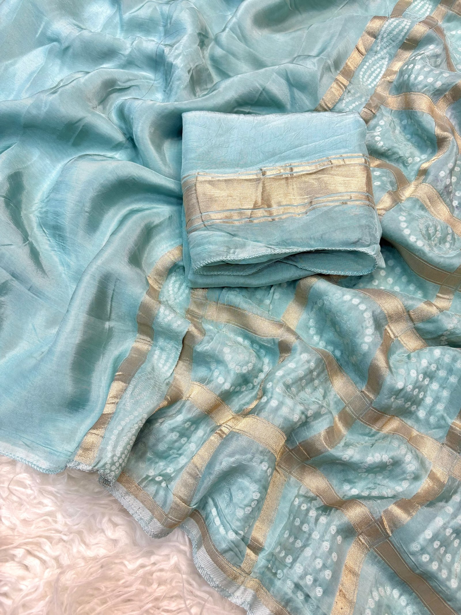 Pure Viscose Mysore Silk Saree with Zari Border, Designer Bandhani Pallu & Running Blouse Code !! F.B.S.