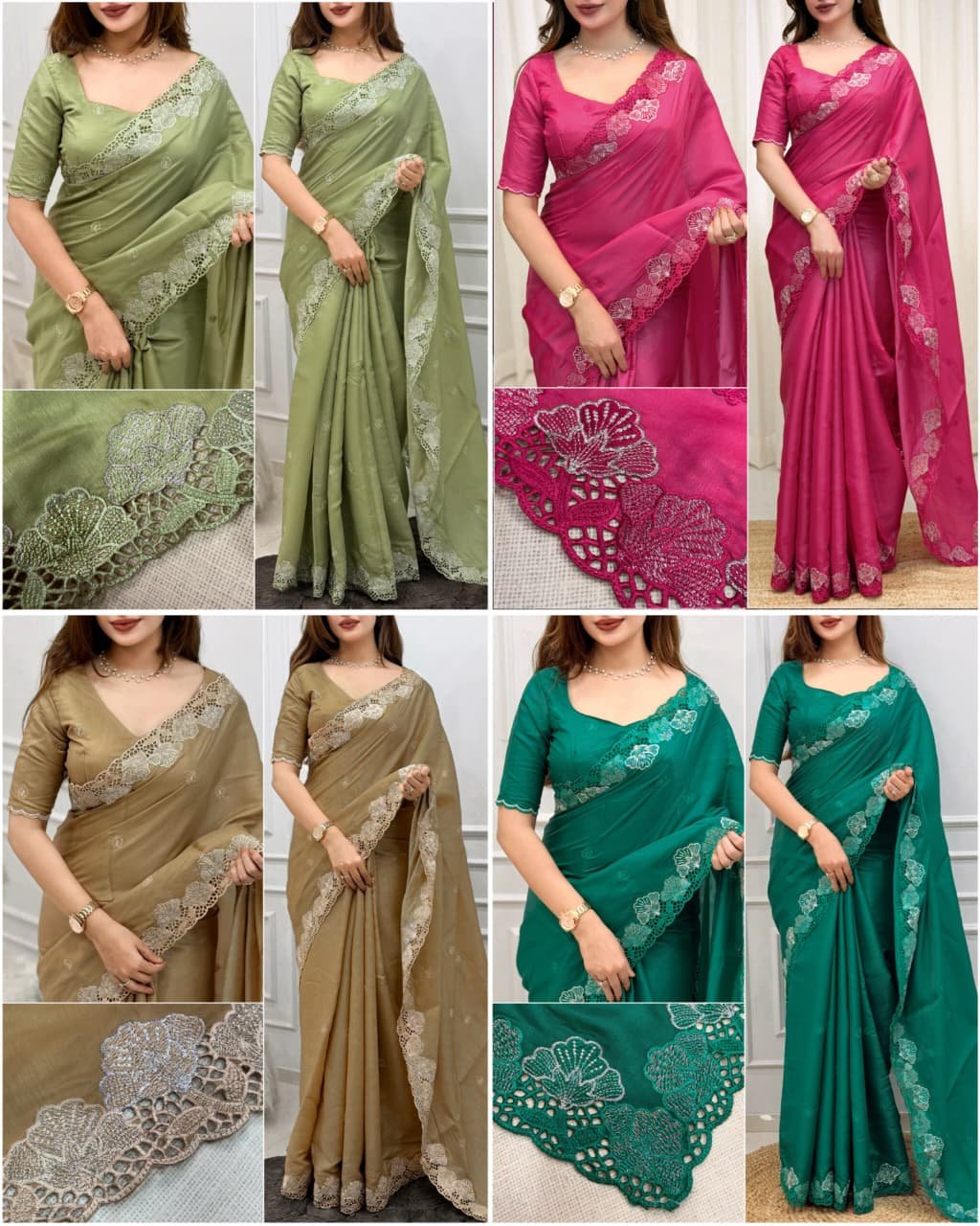 Korean Tussar Silk Saree with Thread & Zari Cutwork Embroidery Border (Unstitched Blouse Piece) Code!!F.B.S.