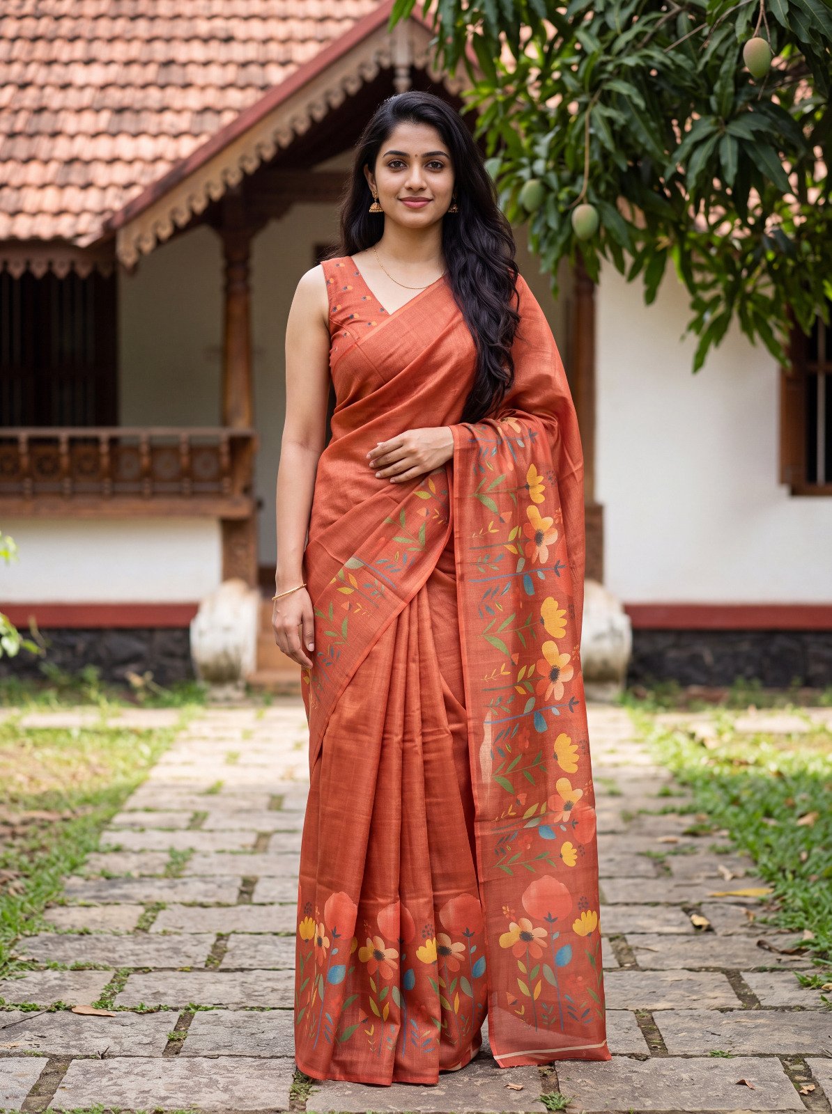 Soft Erode Cotton Silk Digital Floral Printed Saree with Mirror Work & Pallu Tassels (Rust Brown) Code!! F.B.S.