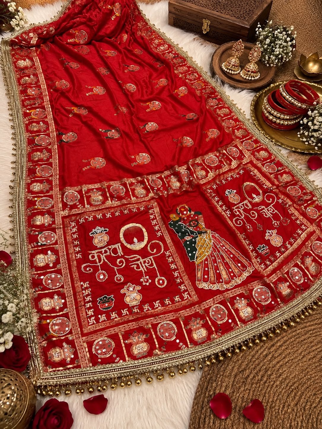 Karwa Chauth Special Dola Silk Viscose Weaving Saree with Moti & Mirror Handwork Code!! F.B.S.