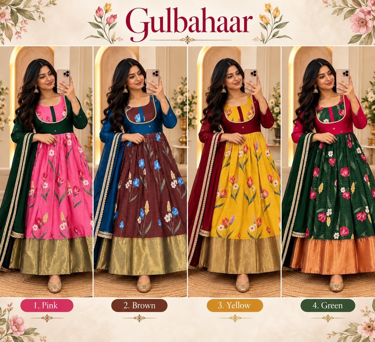 Gulbahaar Floral Printed Cotton Spun Floor-Length Gown Set with Rangoli Dupatta Code!! F.B.K.