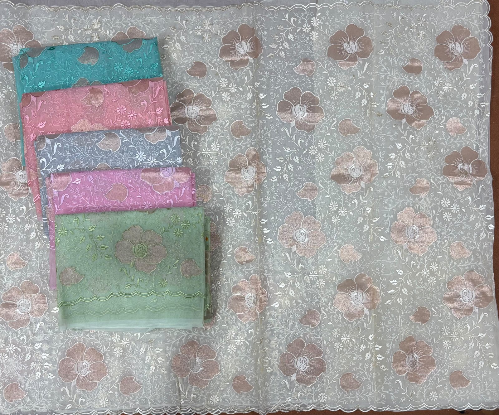 Organza Silk Floral Appliqué & Embroidery Saree with Scallop Cutwork Border