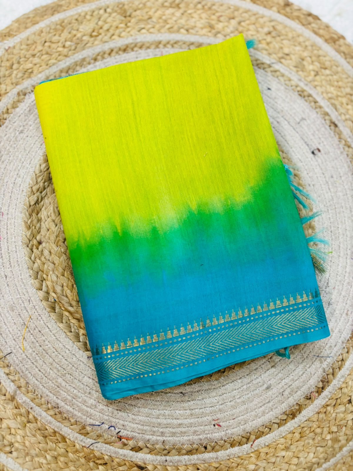 Dual-Shade Semi Tussar Mangalagiri Silk Saree with Gold Zari Border Code!! T.T.G.C.