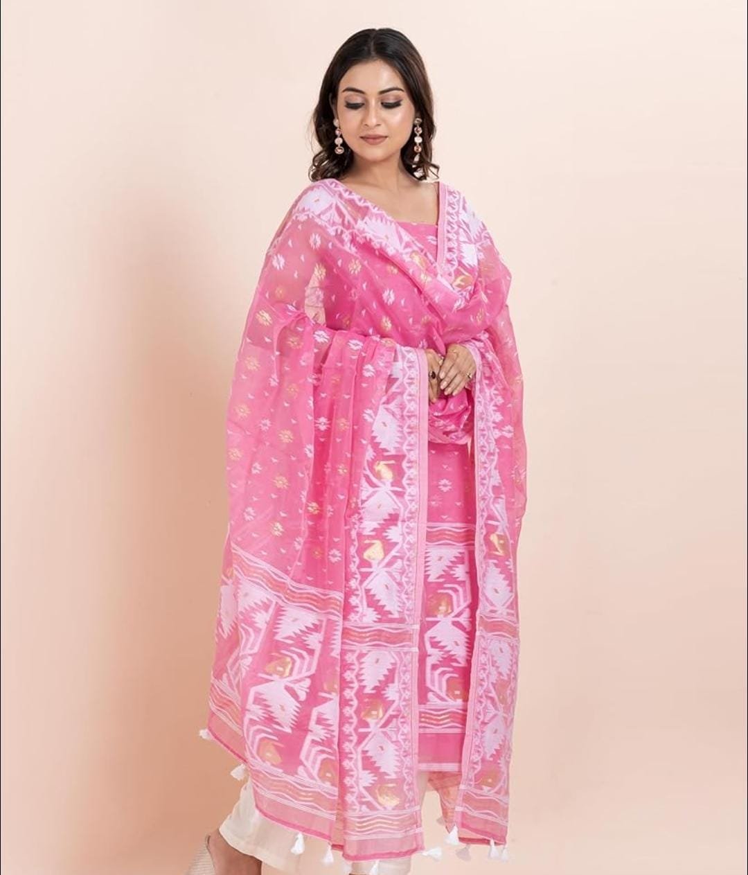 Authentic Soft Dhakai Jamdani Unstitched Dress Material Set with Matching Dupatta Code!! T.T.G.C.