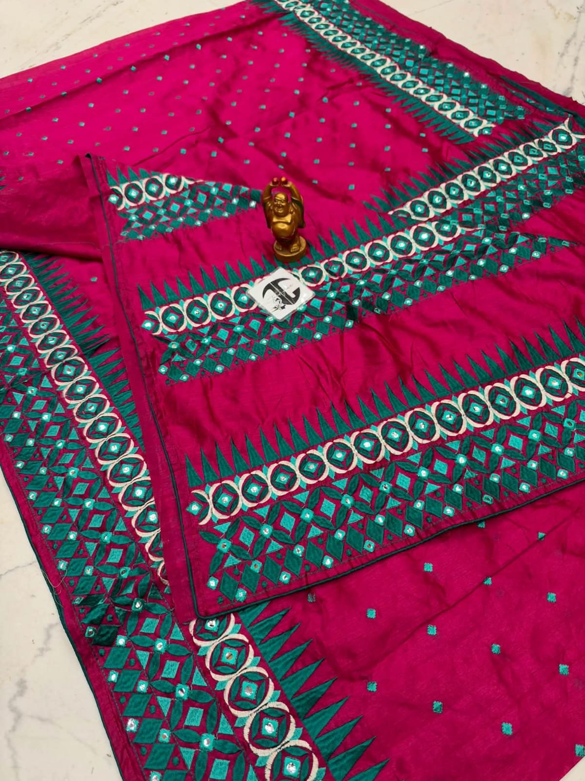 Exclusive Semi Tussar Silk Saree with Authentic Kathiyawadi Hand Embroidery & Mirrors Code!!T.T.G.C.