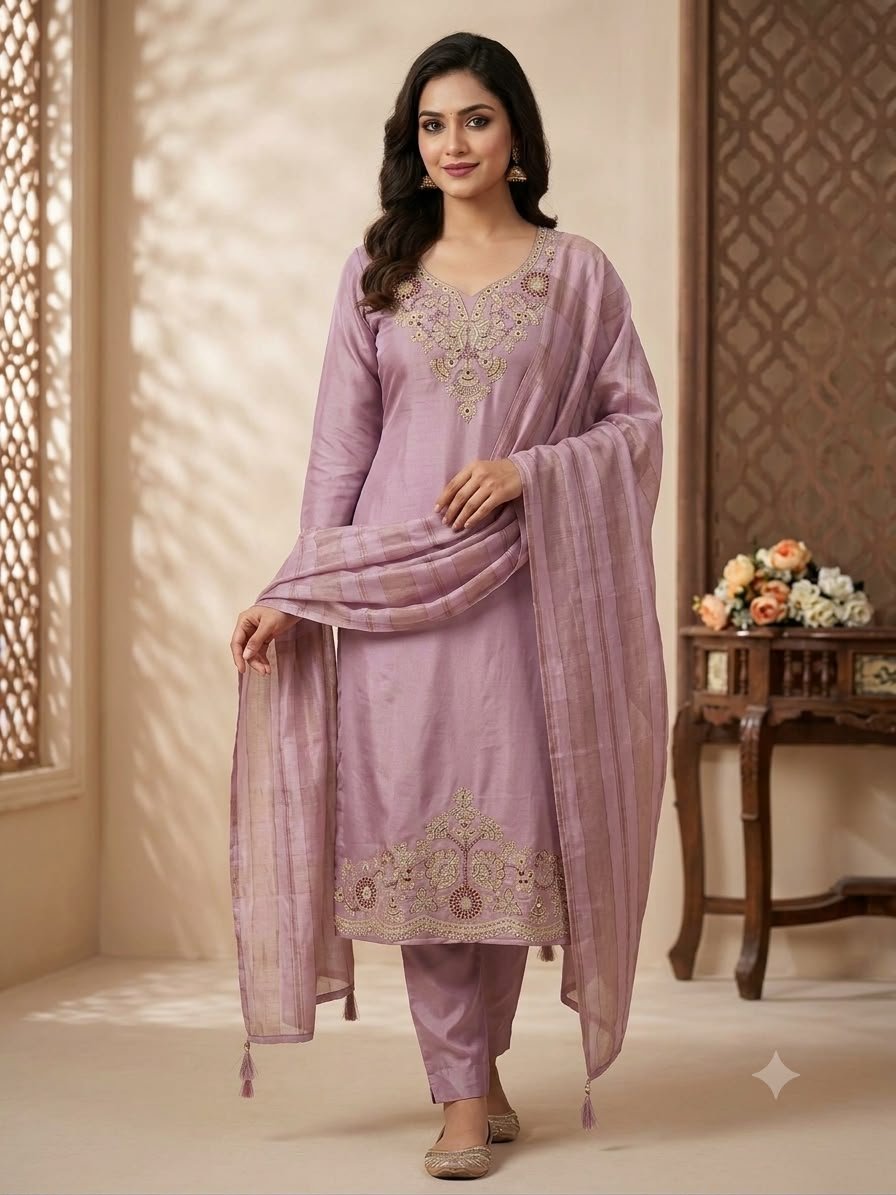 Designer Glass Roman Silk Embroidered Kurti with Pant and Chanderi Dupatta Set Code!! F.B.K.