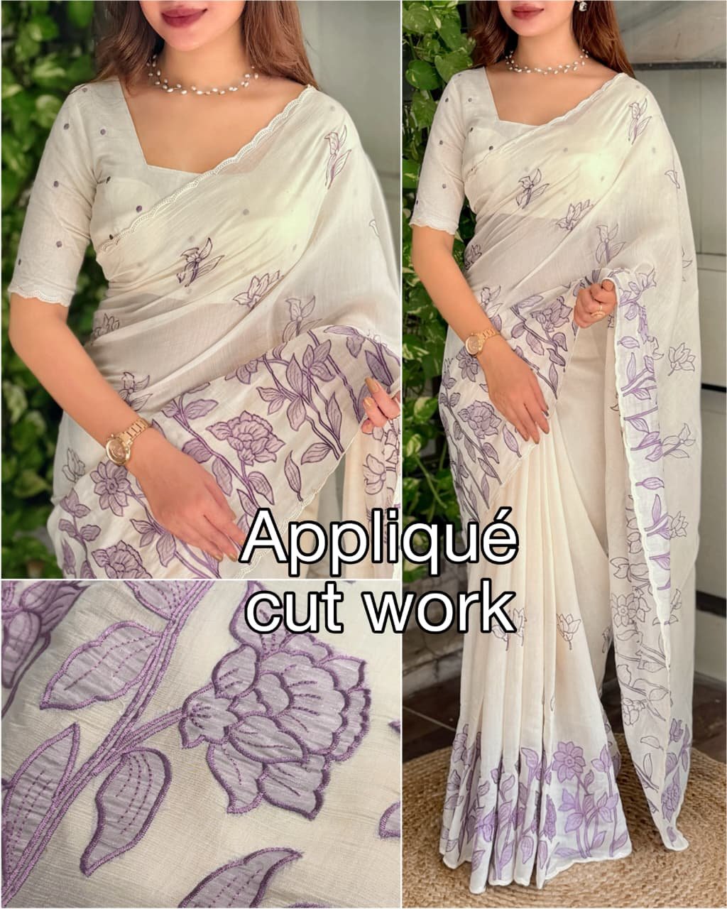 Elegant Mul Chiffon Appliqué Cutwork Embroidery Saree with Matching Blouse Piece Code!! F.B.S.