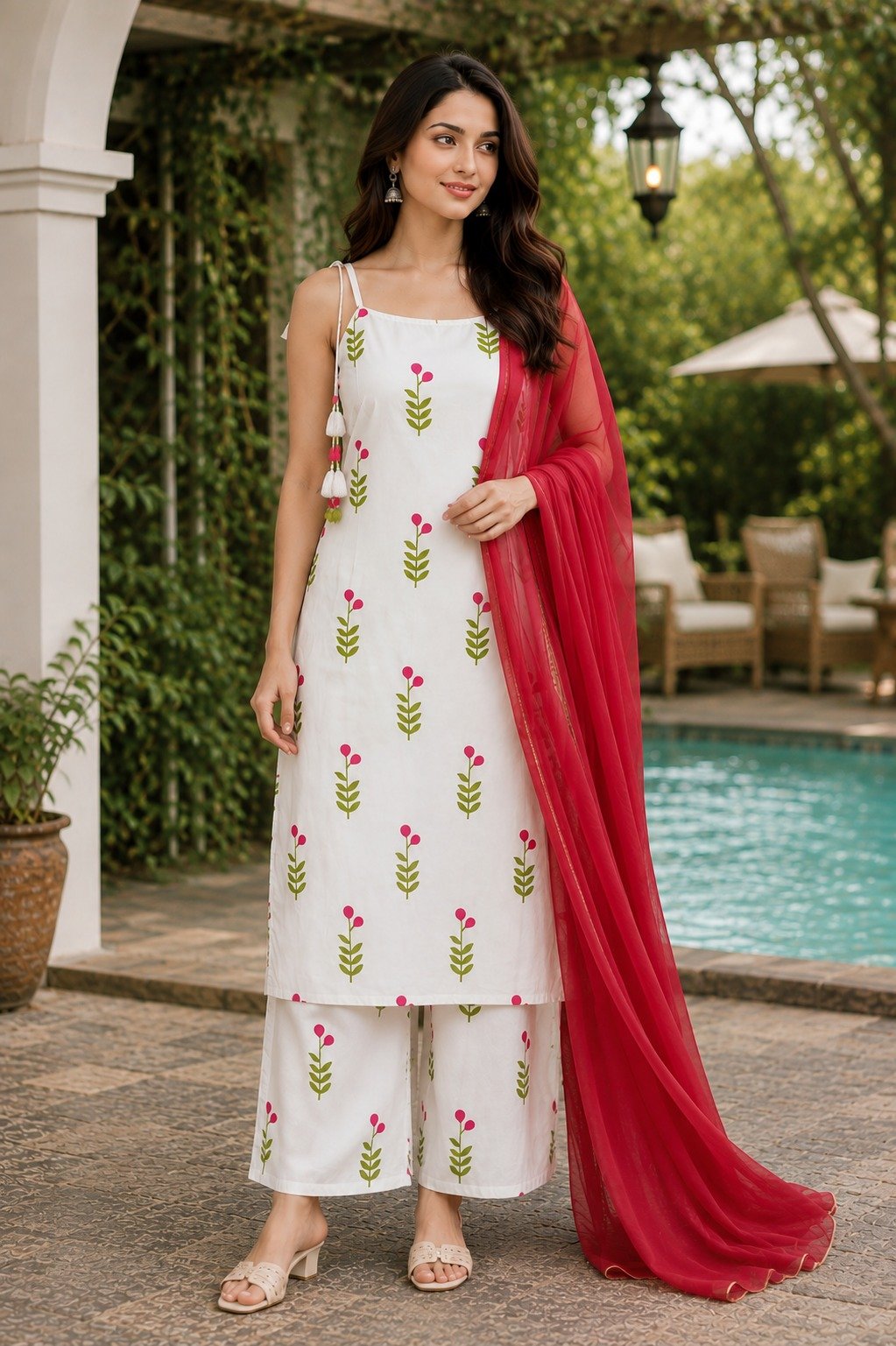 Elegant White Floral Digital Printed Rayon Slub Kurti with Palazzo & Contrast Dupatta Set  Code !! F.B.K.  
