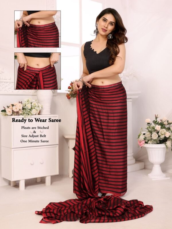 Wine Black Striped Ready to Wear Saree