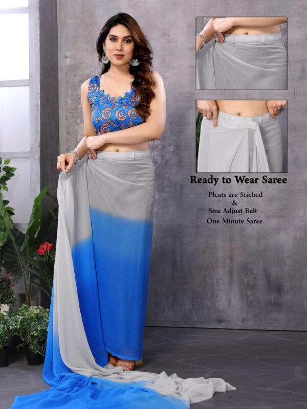 Cool Blue Ombre Ready to Wear Saree featuring a soothing color gradient and pre-stitched drape, perfect for parties, festive events, and chic day wear. Blue Ombre Ready to Wear Saree