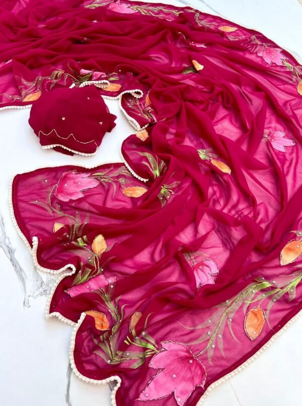 Magenta Georgette Handwork Saree | Pure Handwork at ₹1500 Magenta Georgette Handwork Saree