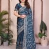 Teal Blue Rangoli Saree with Embroidery Cutwork | Party Wear Teal Blue Rangoli Saree