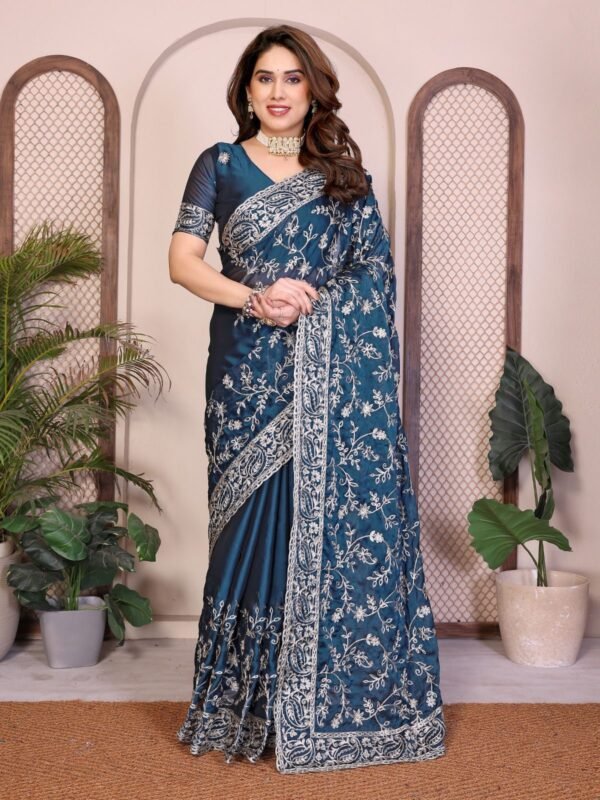 Teal Blue Rangoli Saree with Embroidery Cutwork | Party Wear Teal Blue Rangoli Saree