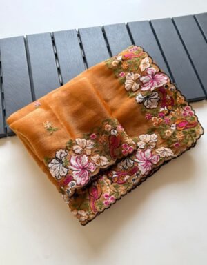 Mustard Alexa Crush Saree with Floral Embroidery Border Mustard Alexa Crush Saree