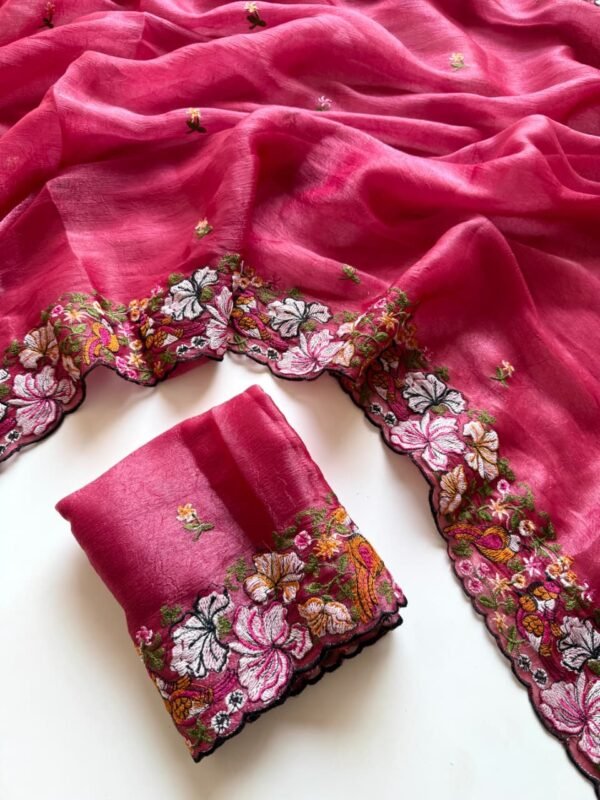 Rose Pink Alexa Crush Saree with Floral Embroidery Rose Pink Alexa Crush Saree
