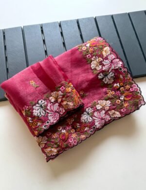 Rose Pink Alexa Crush Saree with Floral Embroidery Rose Pink Alexa Crush Saree