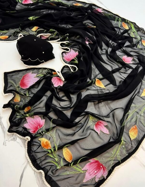 Black Georgette Handwork Saree with Floral Khatli & Moti Lace Black Georgette Handwork Saree