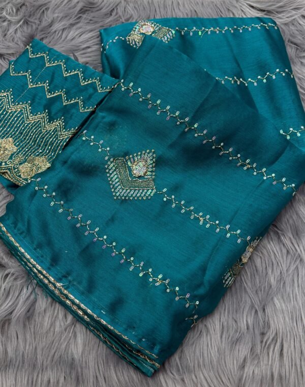 Teal Chiffon Beads Saree