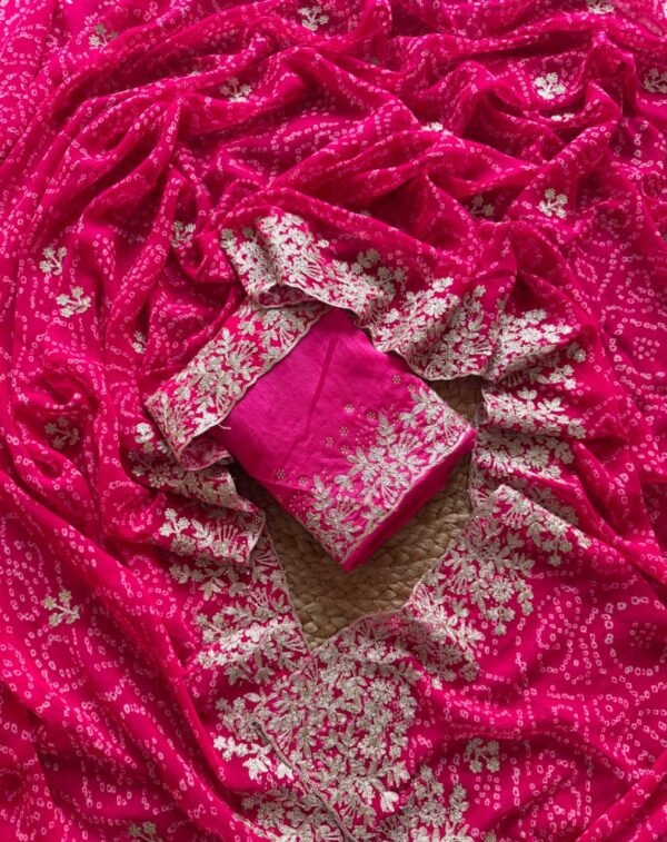 Rani Pink Bandhani Georgette Saree with Embroidery | Royal Rajasthani Look Rani Pink Bandhani Georgette Saree