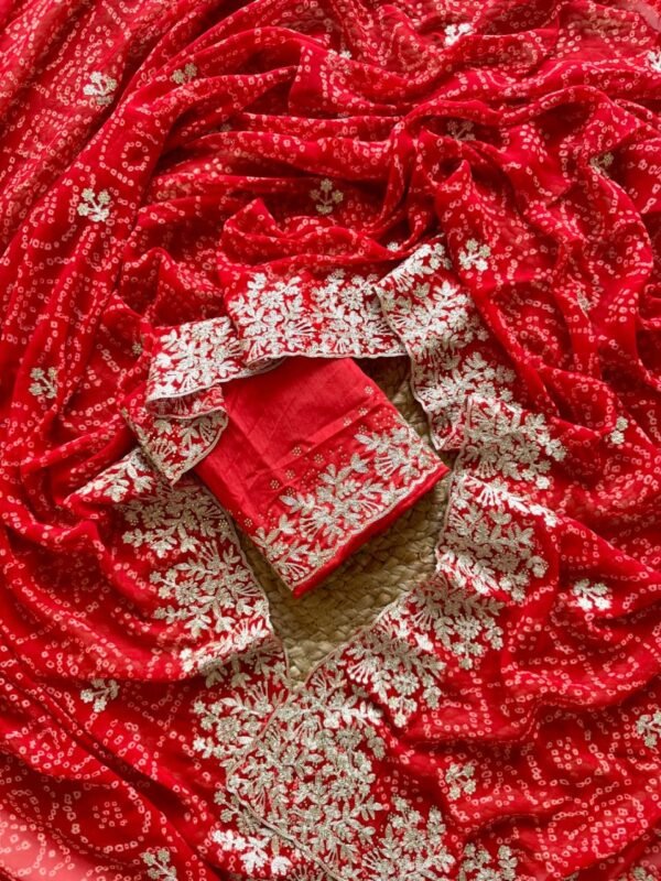 Red Bandhani Georgette Saree with Jharkhand Embroidery | Royal Rajasthani Saree Red Bandhani Georgette Saree