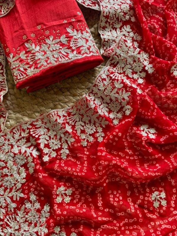 Red Bandhani Georgette Saree with Jharkhand Embroidery | Royal Rajasthani Saree Red Bandhani Georgette Saree
