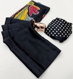 Black Modal Satin Saree with Designer Floral Print | Stylish Casual Wear Black Modal Satin Saree