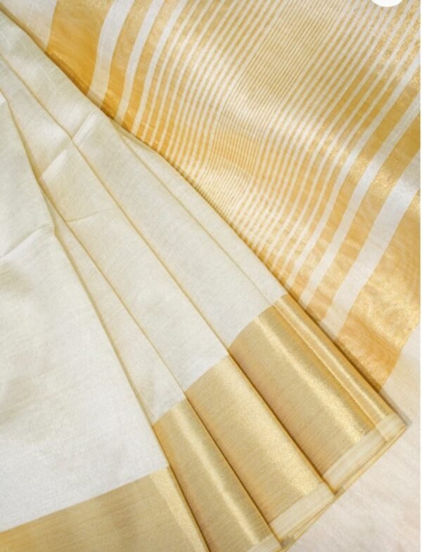 White and Golden Banarasi Tussar Silk Saree