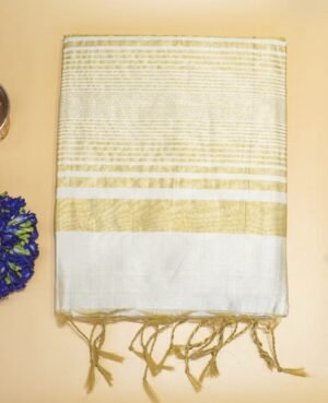 White and Golden Banarasi Tussar Silk Saree