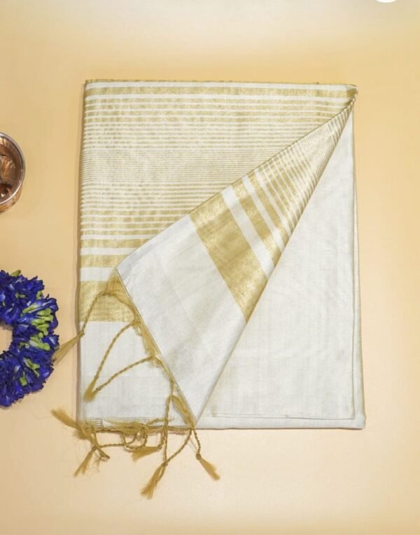 White and Golden Banarasi Tussar Silk Saree