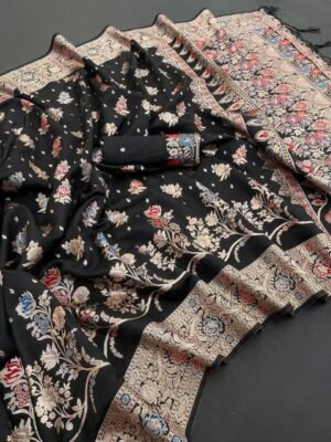 ALISHA SILK 4 Black Kanjivaram Banarasi Soft Silk Saree with Rich Meena Work & Zari Border ALISHA SILK 4 Black Kanjivaram Banarasi Soft Silk Saree