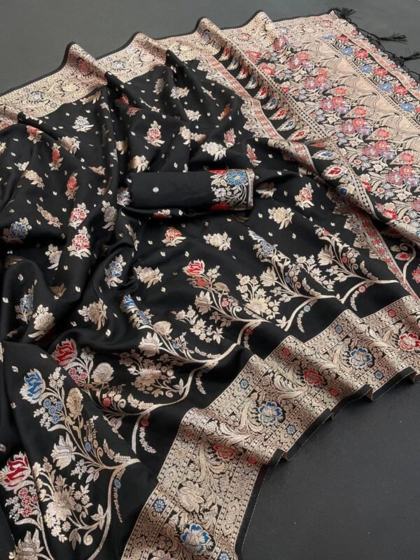 ALISHA SILK 4 Black Kanjivaram Banarasi Soft Silk Saree with Rich Meena Work & Zari Border ALISHA SILK 4 Black Kanjivaram Banarasi Soft Silk Saree