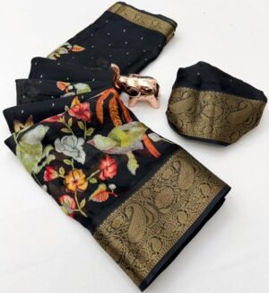 Black Banarasi Georgette Saree with Parrot Theme & Zari Border Black Banarasi Georgette Saree