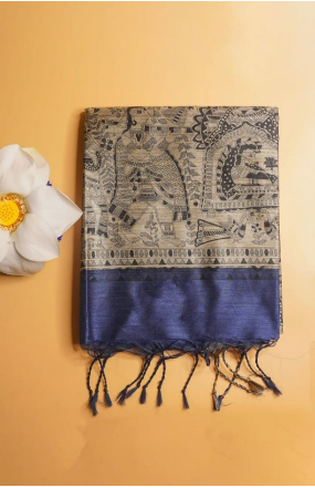 Dark Blue Madhubani Banarasi Silk Saree