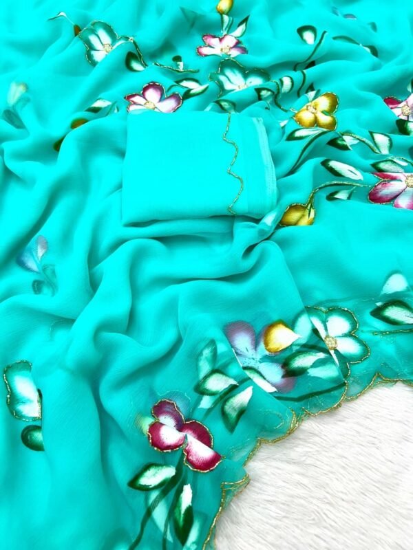 Handwork Sea Green Pure Chiffon Saree | VF Superhit Design Sea Green Pure Chiffon Saree