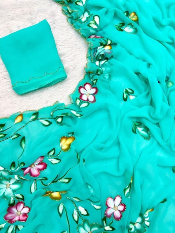 Handwork Sea Green Pure Chiffon Saree | VF Superhit Design Sea Green Pure Chiffon Saree