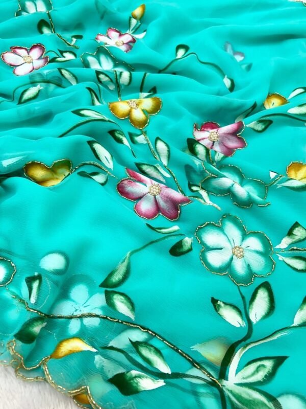 Handwork Sea Green Pure Chiffon Saree | VF Superhit Design Sea Green Pure Chiffon Saree