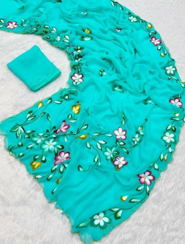 Handwork Sea Green Pure Chiffon Saree | VF Superhit Design Sea Green Pure Chiffon Saree