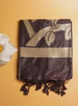 Banarasi Dark Brown Raw Silk Saree with Bird Border | Handloom Kadwa Weave Dark Brown Raw Silk Saree