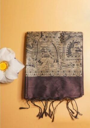 Dark Taupe Madhubani Silk Saree | Hand-Painted Banarasi Silk Saree Dark Taupe Madhubani Silk Saree