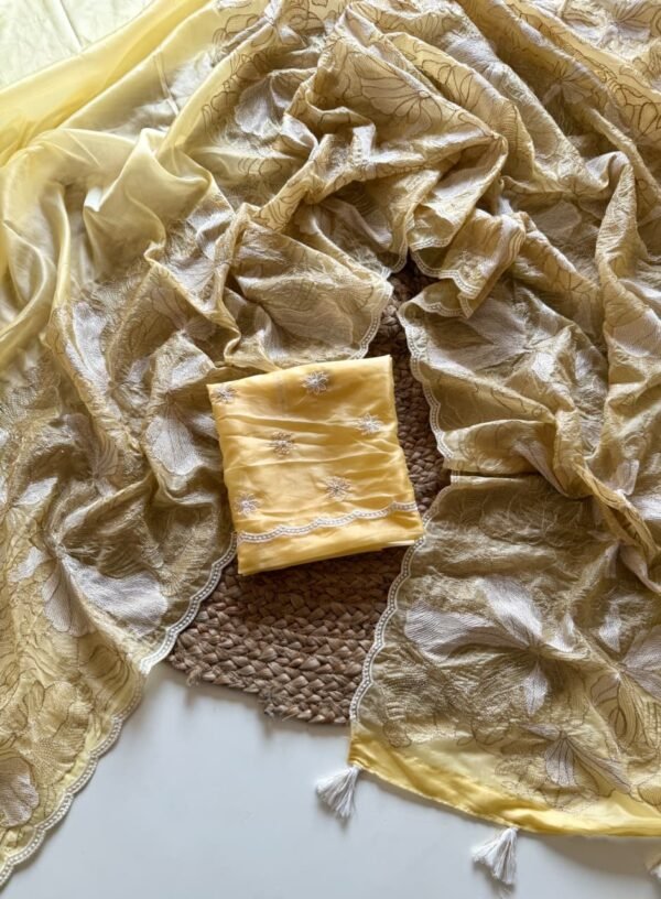 Luxury Pastel Yellow Crystal Tissue Saree with Zari & Cut Work Pastel Yellow Crystal Tissue Saree