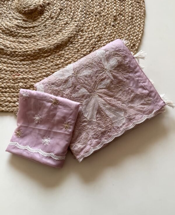 Soft Pastel Pink Crystal Tissue Saree with Gold Zari Cutwork Soft Pastel Pink Crystal Tissue Saree