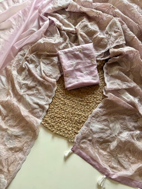 Soft Pastel Pink Crystal Tissue Saree with Gold Zari Cutwork Soft Pastel Pink Crystal Tissue Saree