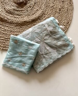 Pastel Mint Green Crystal Tissue Saree | Design with Zari Work Pastel Mint Green Crystal Tissue Saree