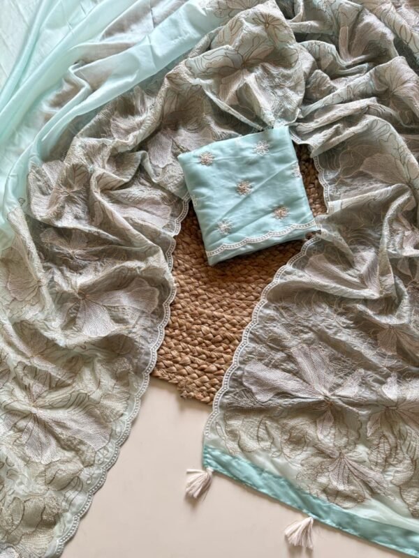 Pastel Mint Green Crystal Tissue Saree | Design with Zari Work Pastel Mint Green Crystal Tissue Saree