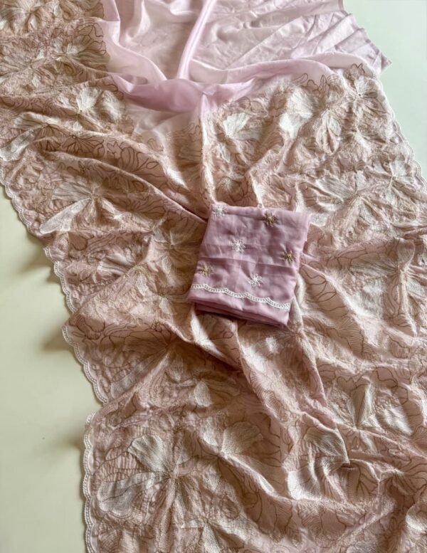 Soft Pastel Pink Crystal Tissue Saree with Gold Zari Cutwork Soft Pastel Pink Crystal Tissue Saree