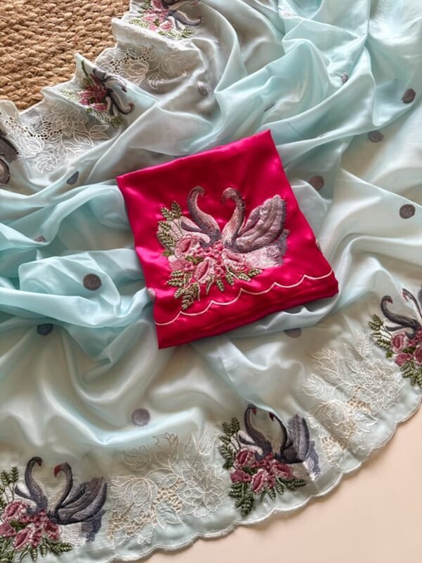 Pastel Aqua Blue Crystal Tissue Saree with Floral Cutwork Pastel Aqua Blue Crystal Tissue Saree