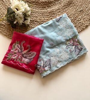 Pastel Aqua Blue Crystal Tissue Saree