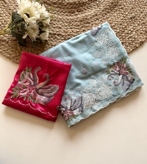 Pastel Aqua Blue Crystal Tissue Saree with Floral Cutwork Pastel Aqua Blue Crystal Tissue Saree