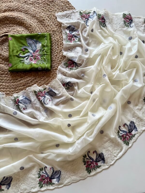 Cream White Crystal Tissue Saree with Floral Cutwork | Satin Silk Blouse Cream White Crystal Tissue Saree